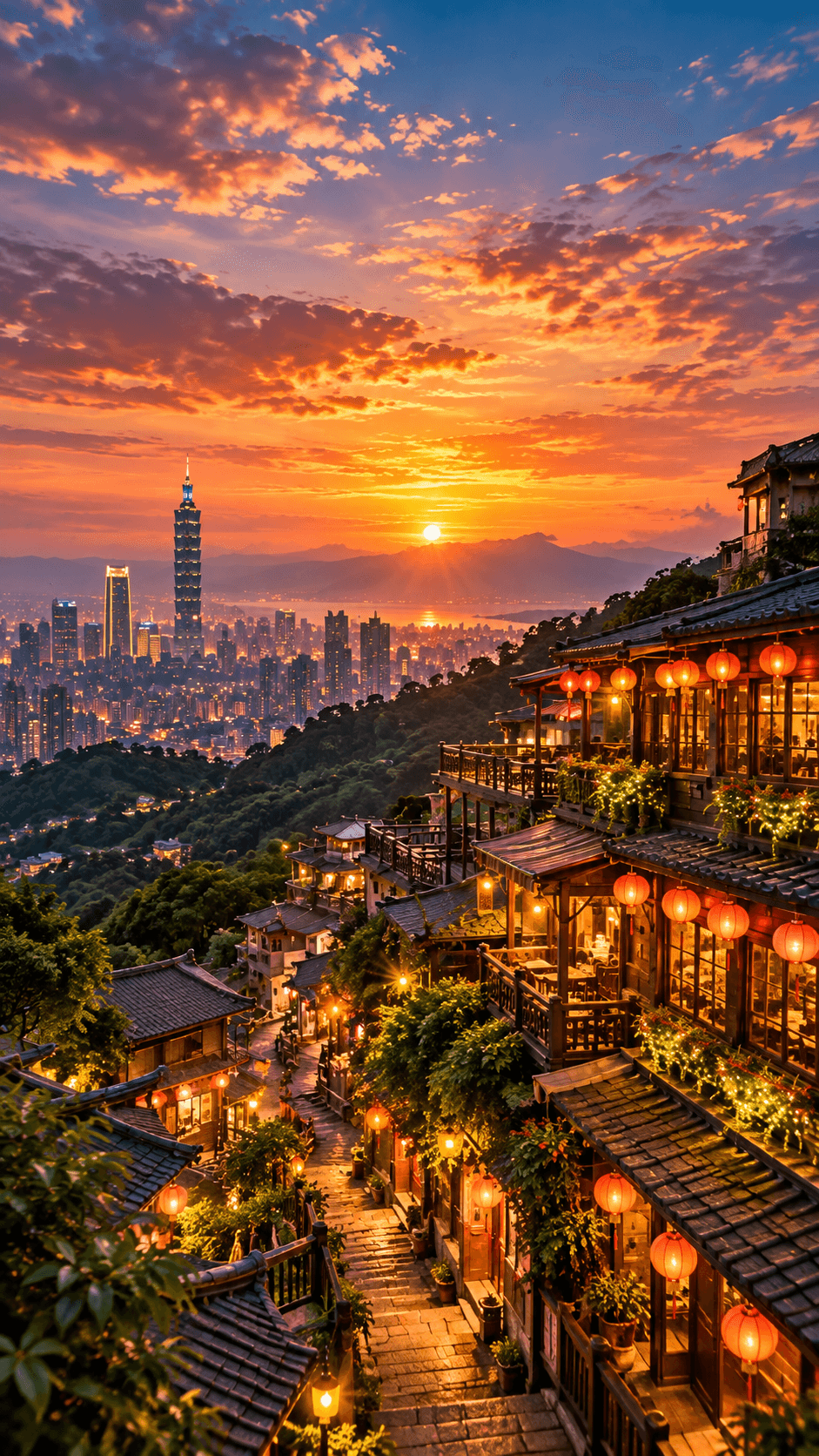 Illustration of Jiufen hillside and the Taipei skyline